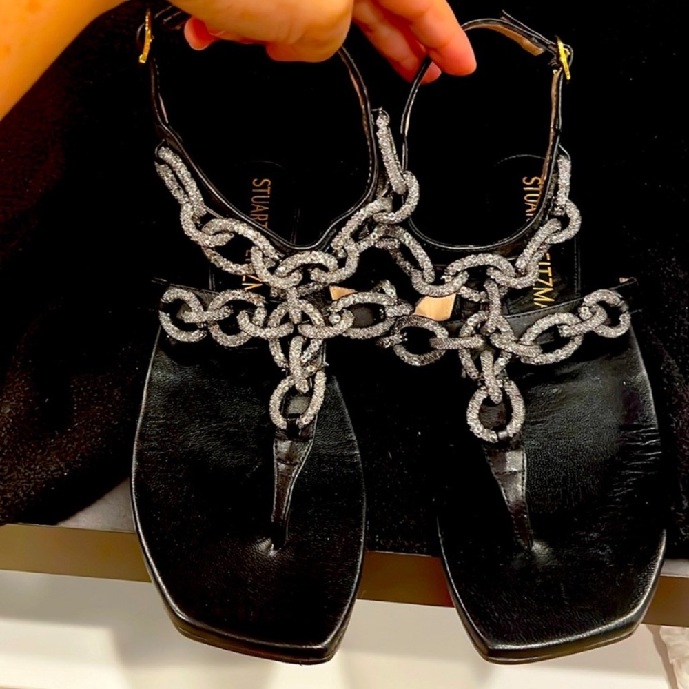 Stuart Weitzman Black Sandals with Silver Embellishments